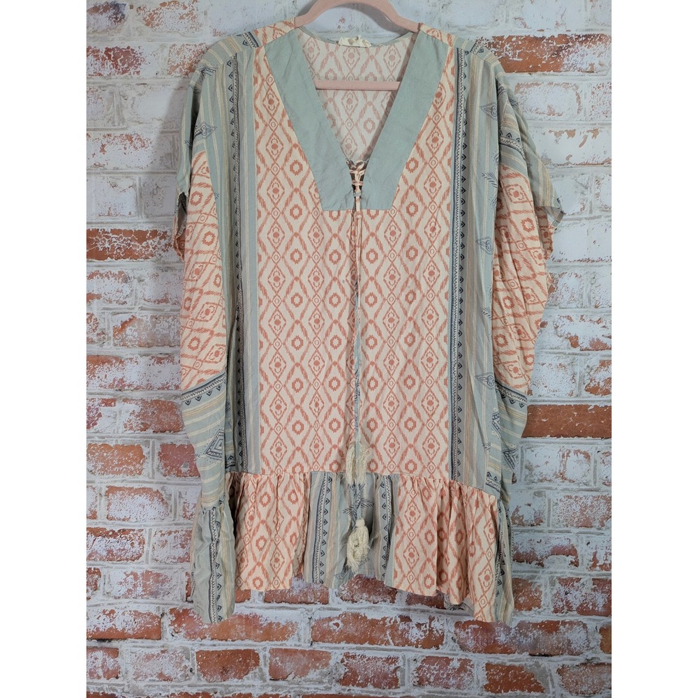 Easel Tunic Top Womens L Peach Sage Green Boho Ikat Print Lace Up Tassel ET17228
